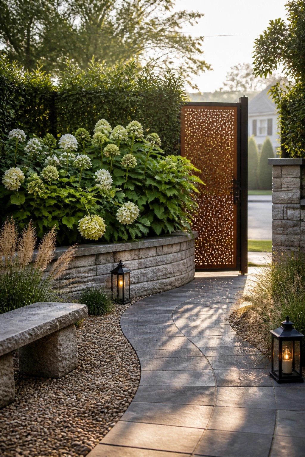 Curving stone path with lanterns, hydrangeas, bench, and open patterned metal gate.