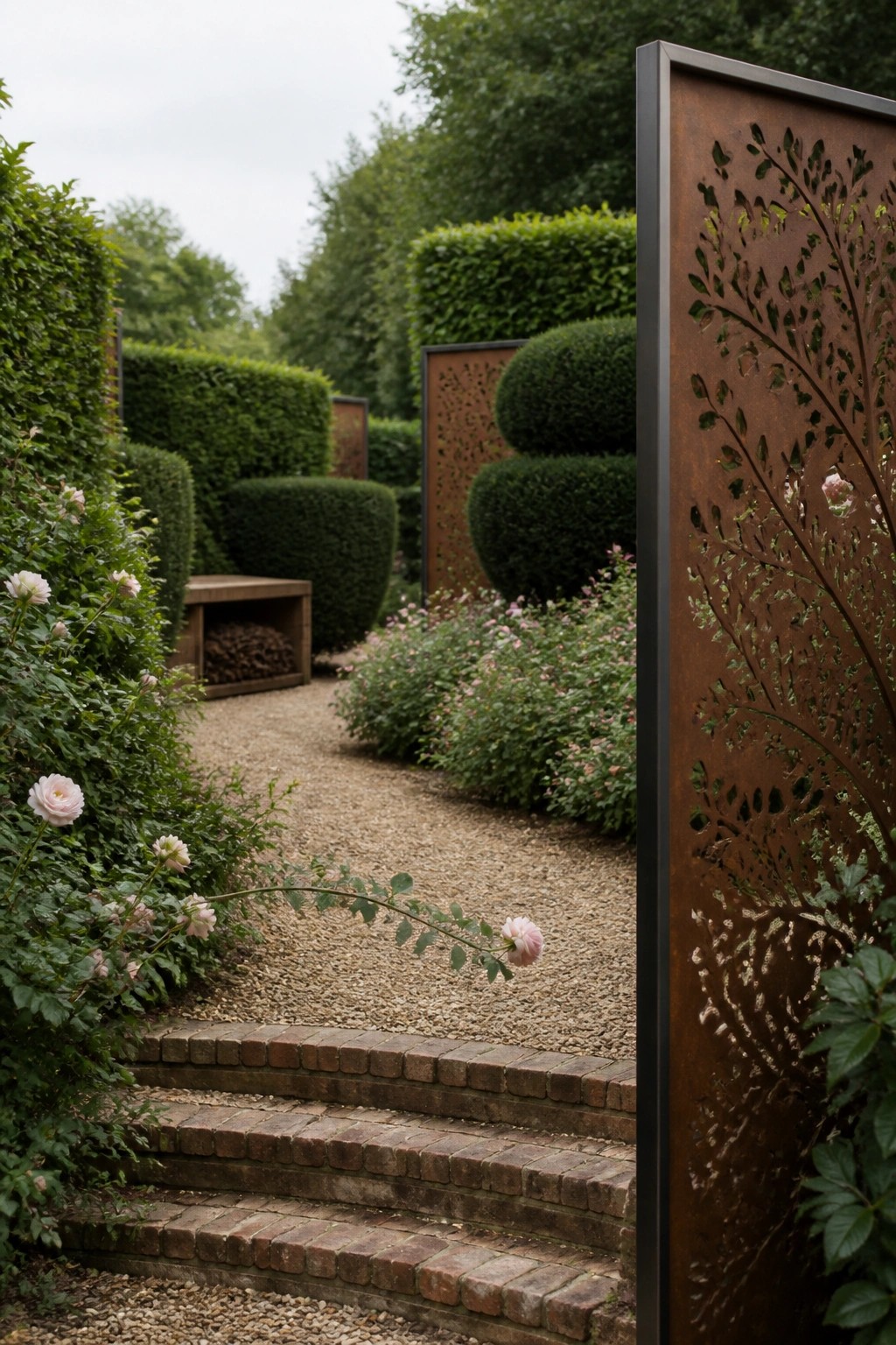 Brick steps descend into gravel garden path with roses, hedges, and rusted metal screen.