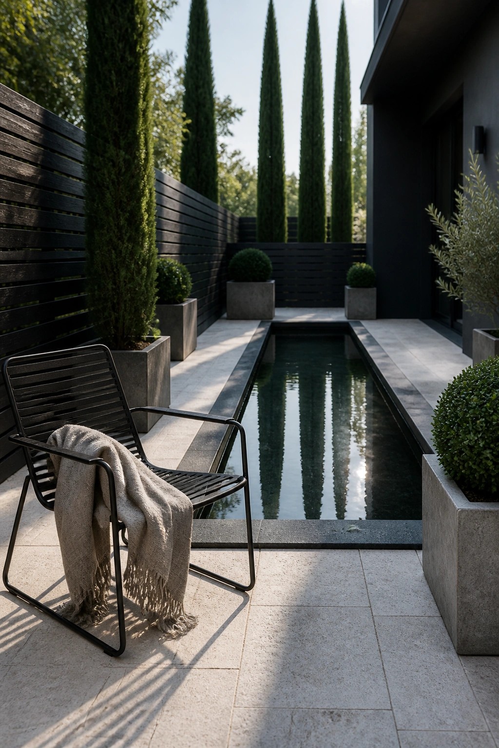 A modern backyard with a long rectangular pool, a black outdoor chair with a beige throw blanket in the foreground, and a row of tall narrow evergreen trees behind a dark fence.