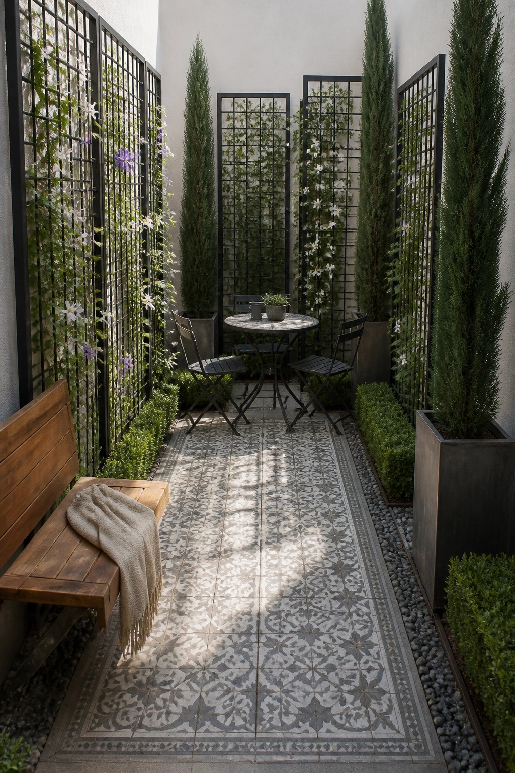 A narrow paved courtyard with a round table and chairs, wooden bench, and tall potted trees and vine-covered trellises lining both sides.