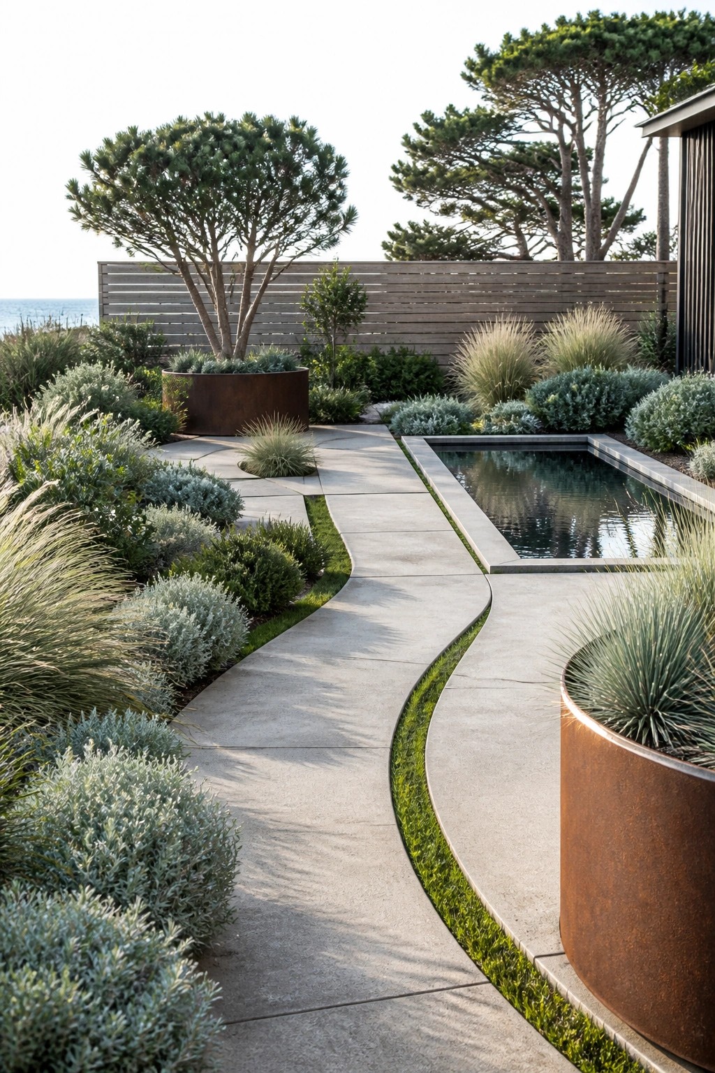 A winding concrete path runs through a garden with layered shrubs and grasses along both sides, passing a rectangular pool and large metal planters.