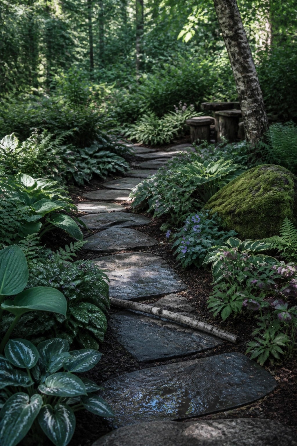 Winding stone path through lush forest with ferns and mossy rocks