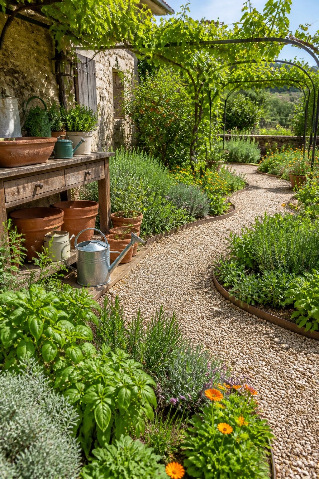 A curved gravel garden path lined with layered beds of herbs, flowers, and shrubs beside a rustic stone building.