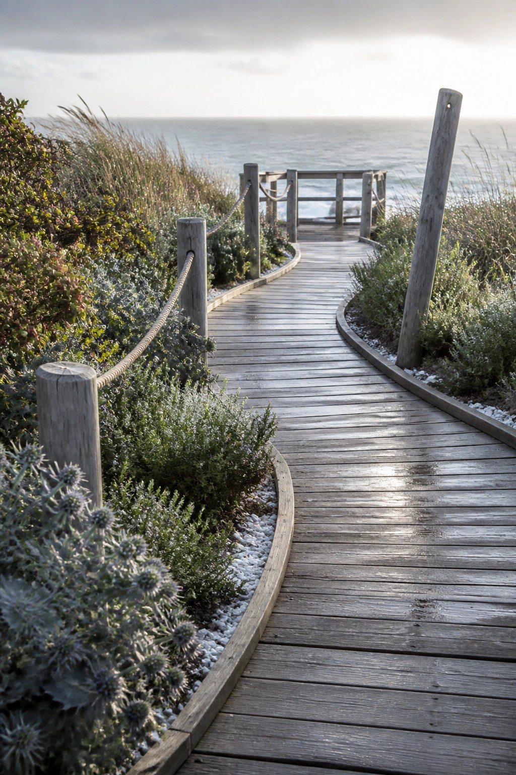 A curving wooden boardwalk path with rope railings runs through coastal shrubs and grasses toward the ocean.
