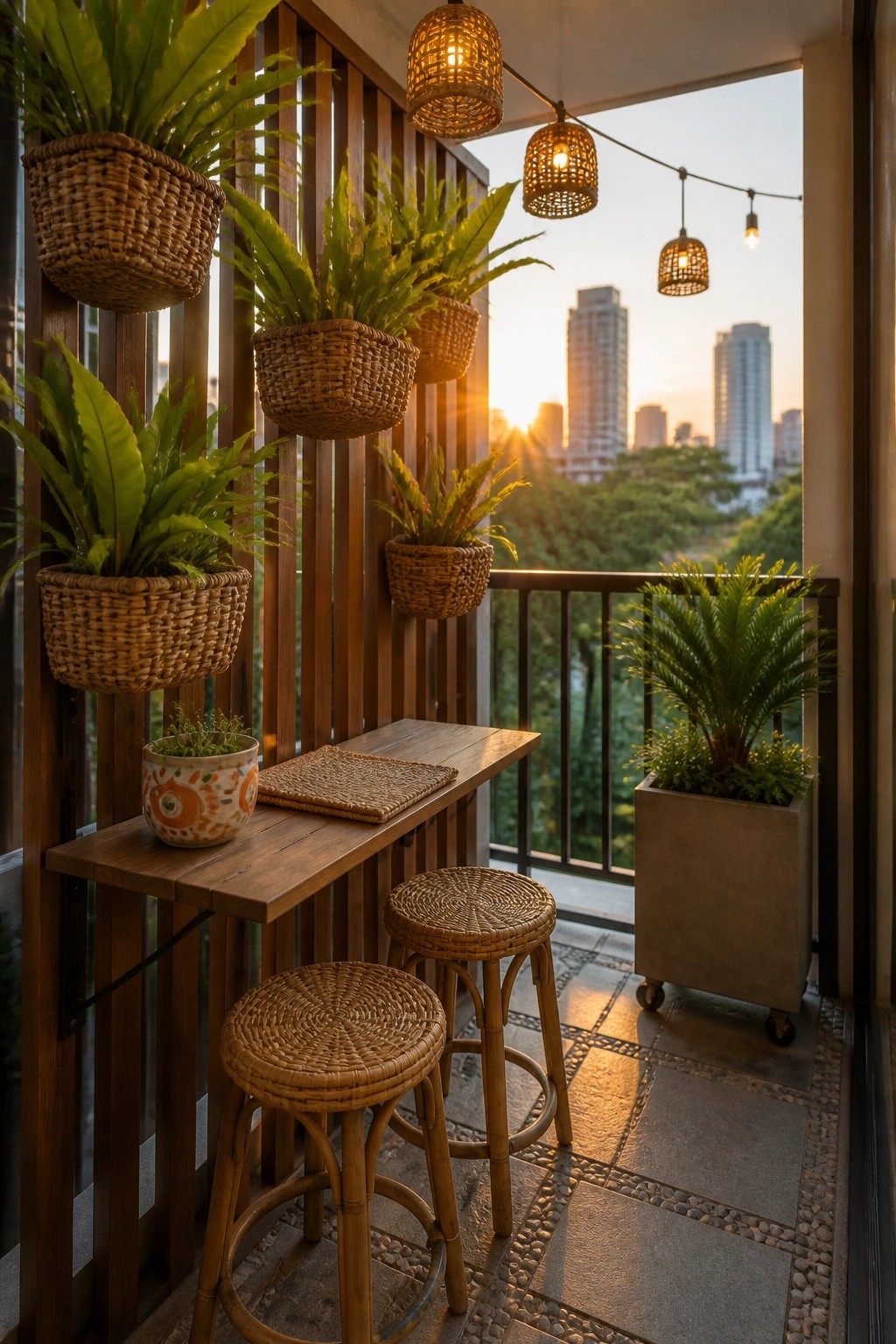 A small balcony features a wooden slat wall lined with hanging wicker baskets of ferns, a narrow wooden table with two woven stools, and several potted plants near the railing overlooking a city view at sunset.