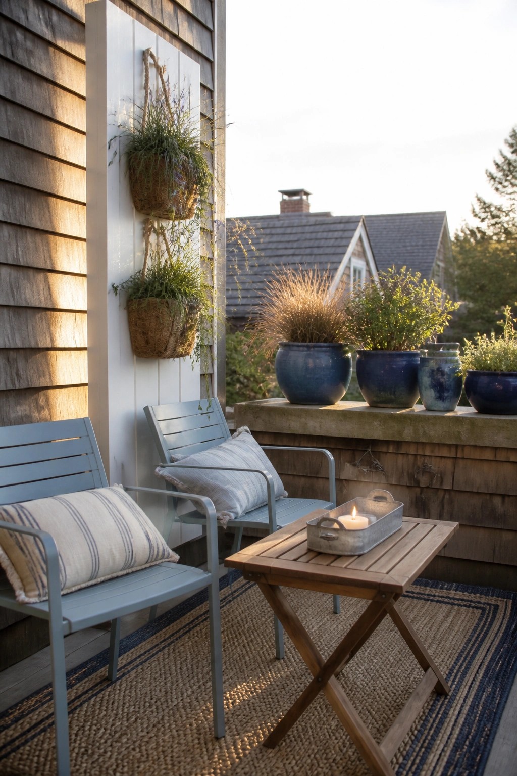 A small wooden deck with two light blue metal chairs, striped cushions, a folding table holding a metal tray with a candle, and multiple blue ceramic pots plus two hanging baskets mounted on a white wall panel.