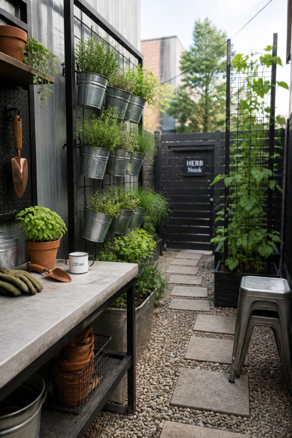 A narrow gravel garden path with stone pavers leads past a concrete work table and a black metal grid mounted on a wall, holding multiple galvanized buckets filled with green plants.