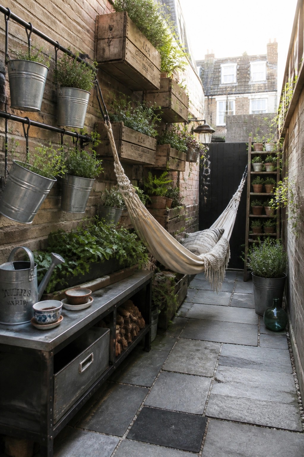 A narrow stone-paved courtyard with a white hammock strung between walls, metal buckets and wooden crates holding plants mounted on a brick wall, and additional potted plants on a wooden shelf and the ground.