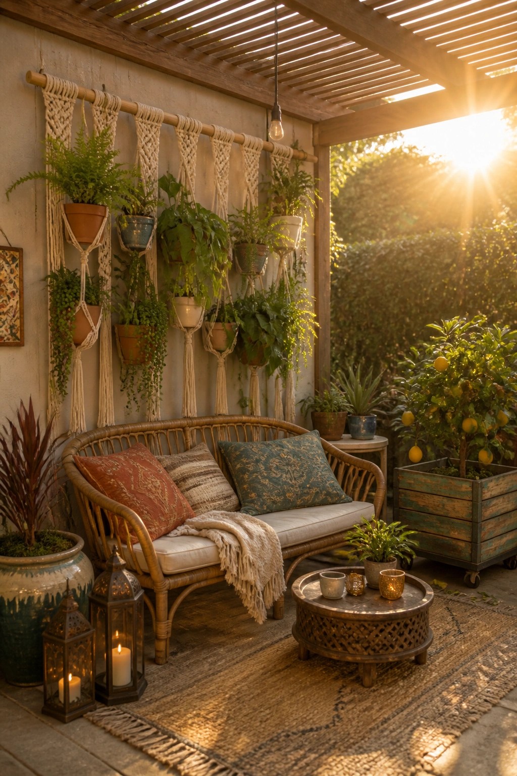 Cozy bohemian patio with rattan sofa, macrame plant wall, wooden table, and lanterns at sunset.