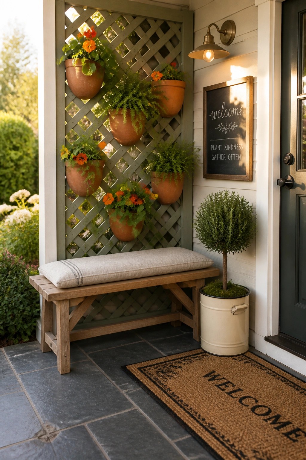 A porch features a wooden bench beneath a green lattice wall with multiple terracotta pots holding flowers and ferns, a potted shrub, and a welcome mat by the door.