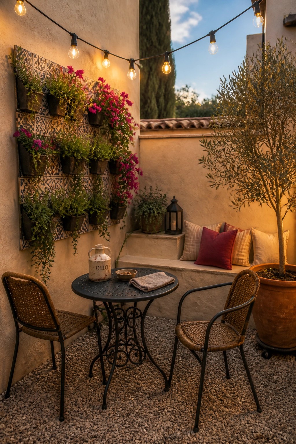 A small outdoor patio features a wall with multiple potted plants mounted on a decorative tile panel, a round metal table with two wicker chairs, string lights overhead, and a large potted tree next to a cushioned bench.