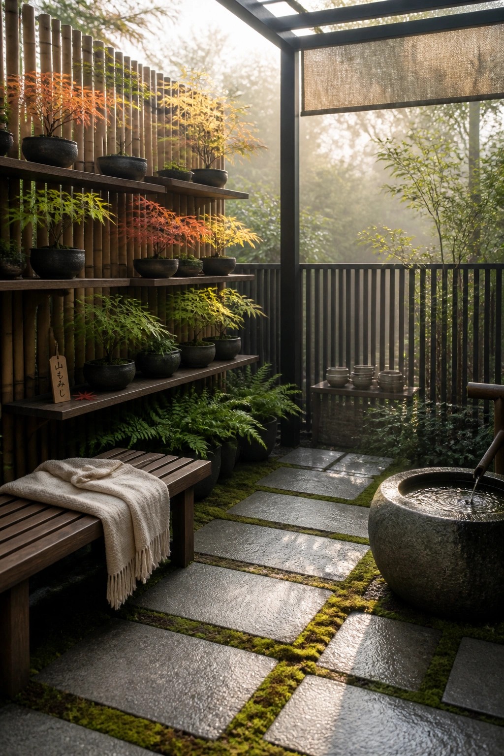 An outdoor garden nook with mossy stone pavers, a wooden bench, wall-mounted shelves holding potted plants against a bamboo screen, and a stone water basin.