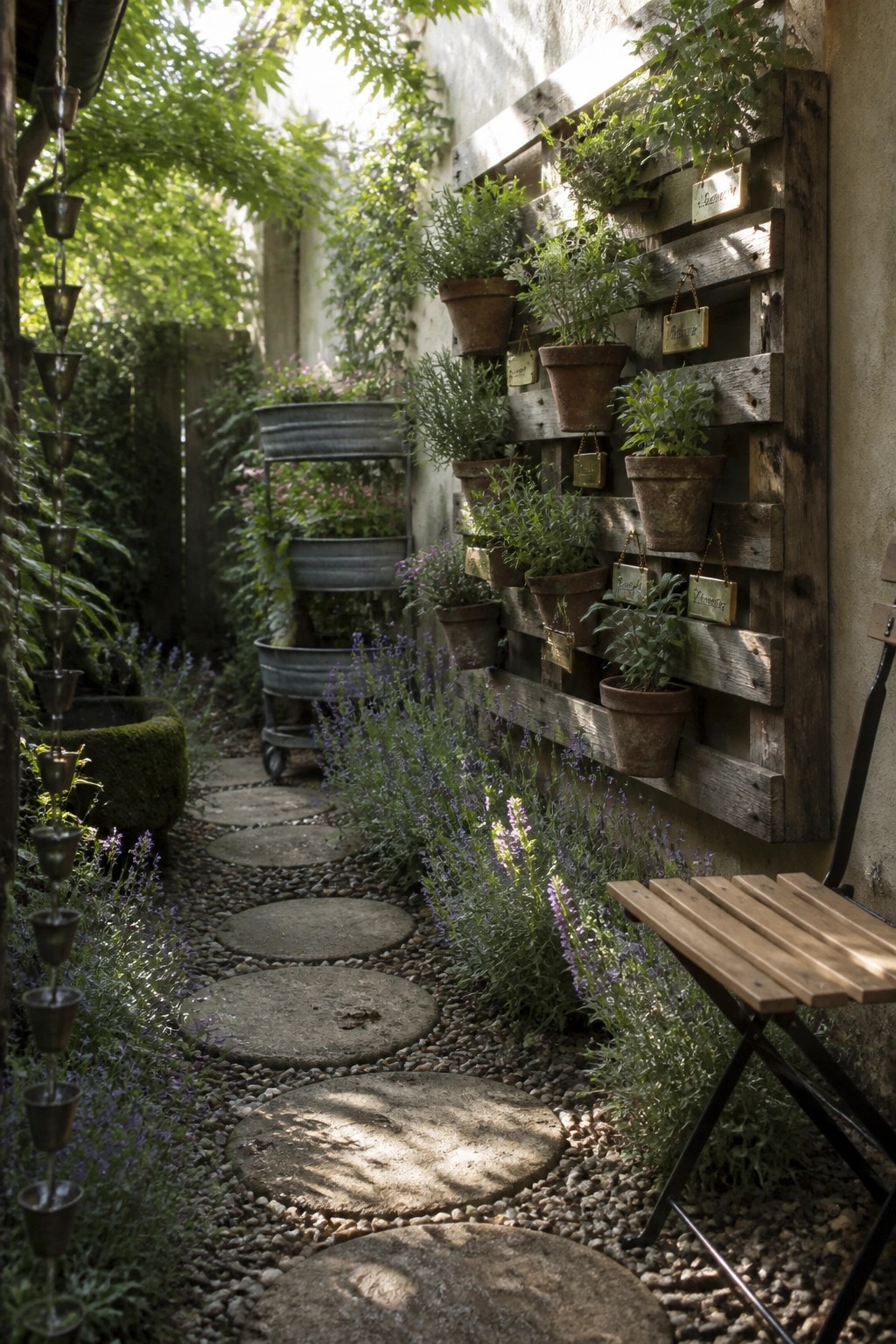 A narrow garden path with stone steps runs beside a wooden pallet mounted on a wall and filled with multiple potted plants.