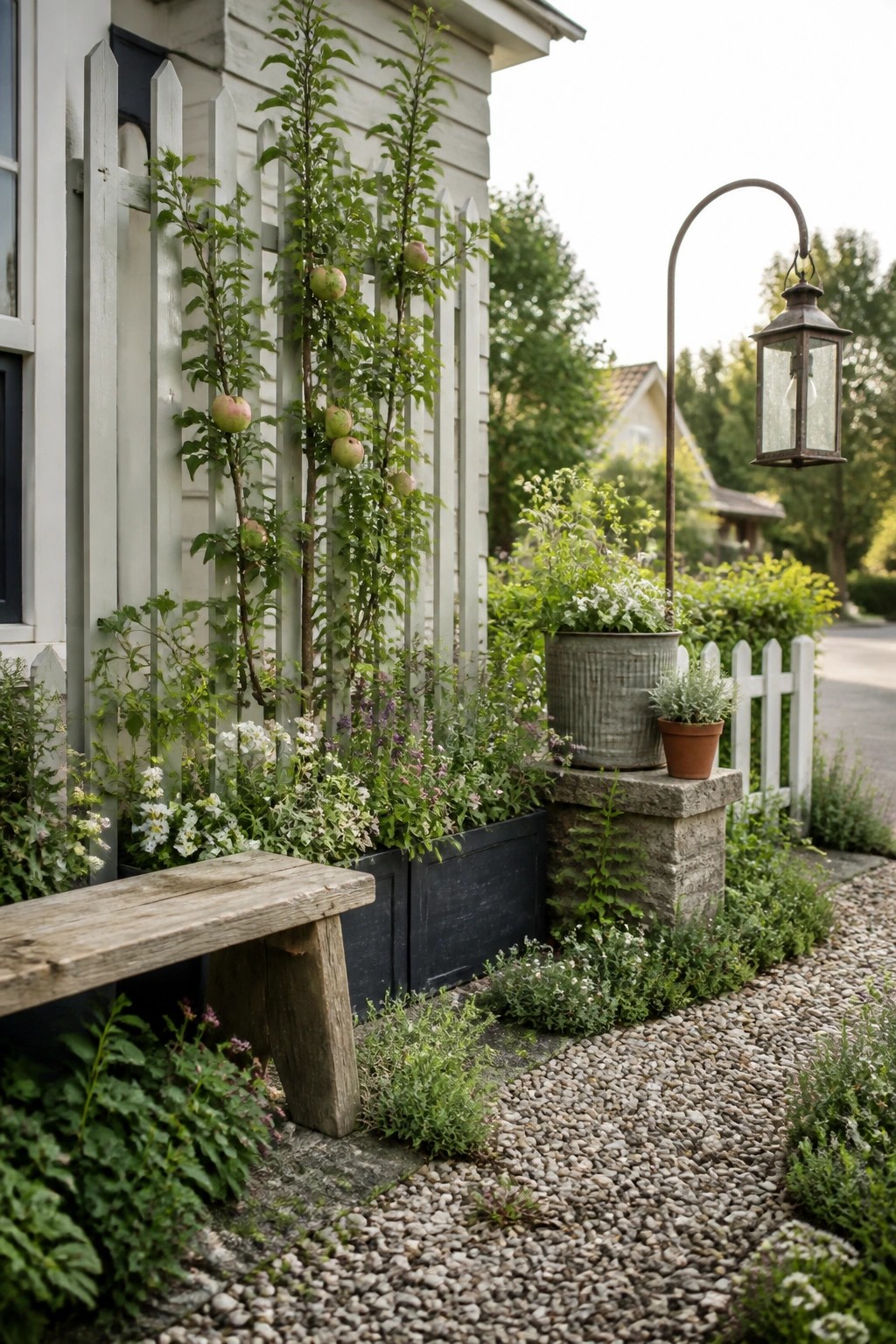 A white picket fence with vertically trained apple trees bearing fruit, black planters at the base, a wooden bench, gravel path, and assorted potted plants on a stone pedestal.