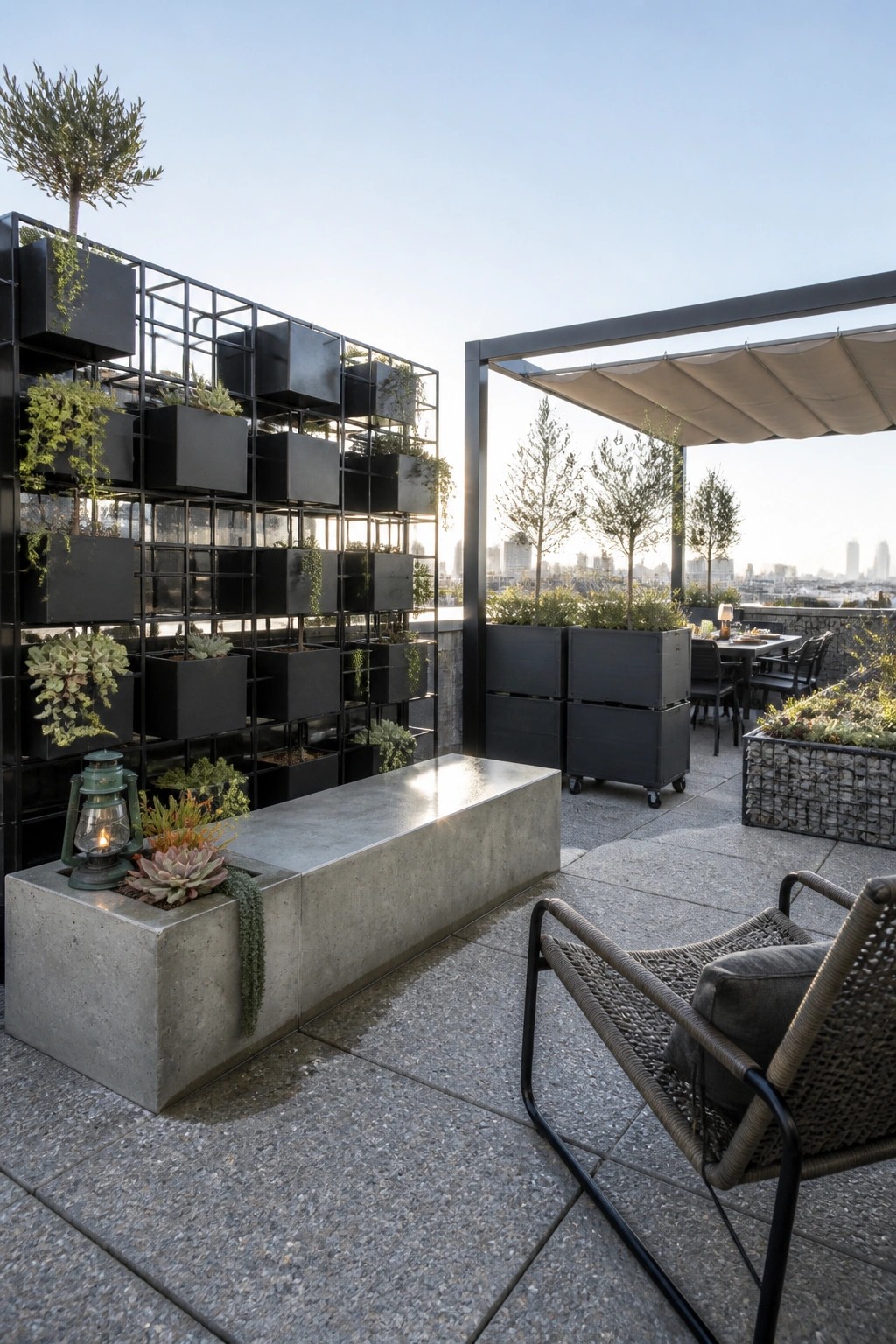 A rooftop terrace featuring a tall black metal grid wall filled with square planters, a concrete bench with succulents, woven lounge chairs, and a dining area with movable planters overlooking a city skyline.