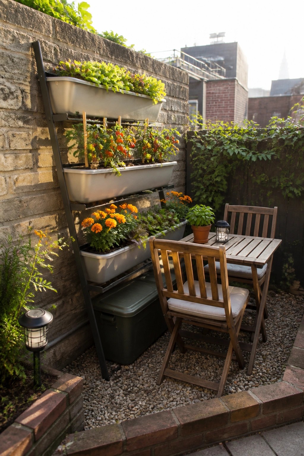 A small gravel patio with a black metal vertical rack holding three stacked metal trough planters filled with vegetables and flowers, next to a wooden table and two chairs.