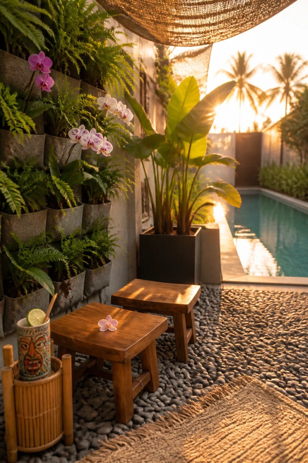 A compact poolside area features a concrete wall lined with gray pocket planters holding ferns and orchids, two low wooden stools on pebble ground, and a woven mat in the foreground.