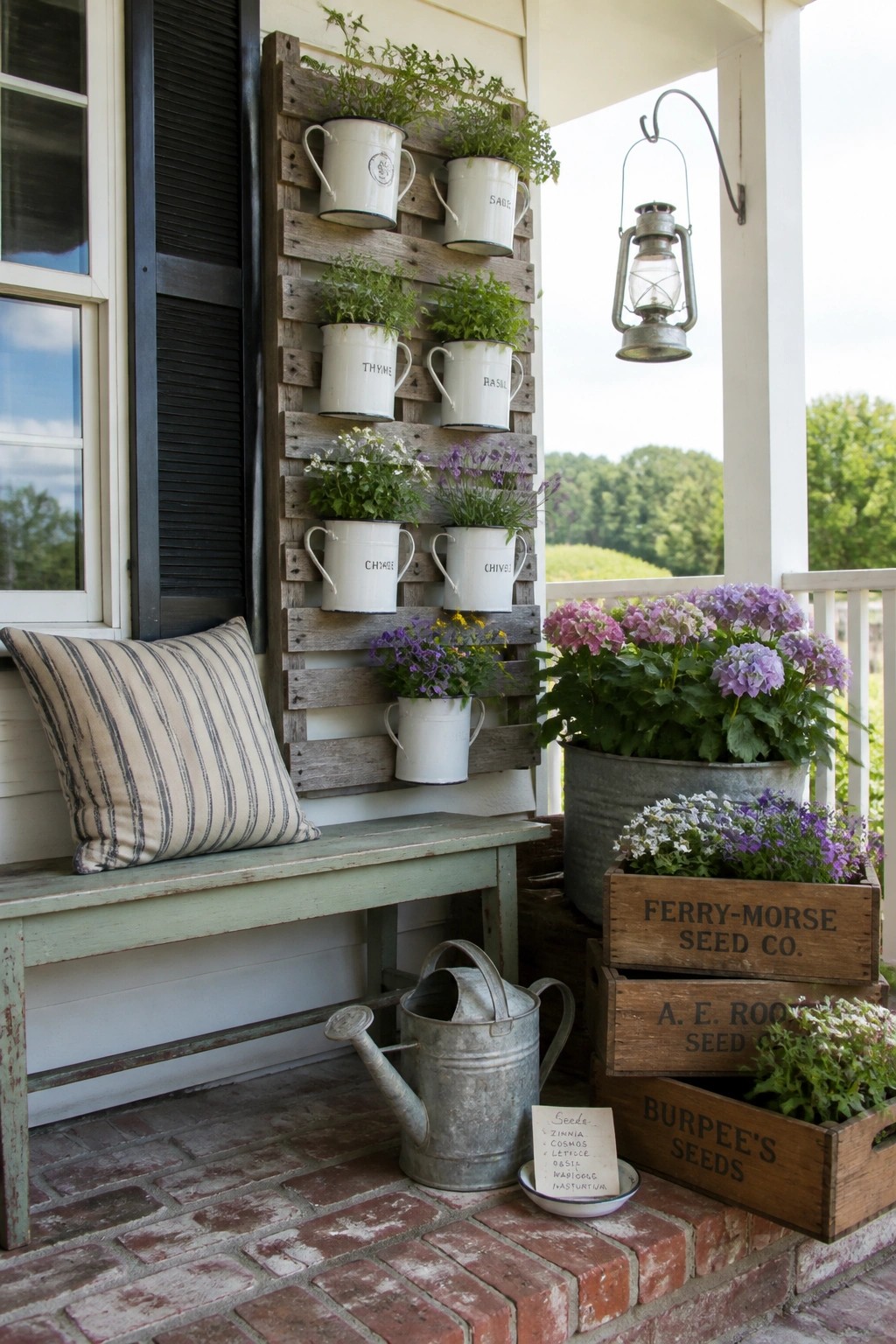Rustic porch with herb-filled mugs on pallet, seed crates, and watering can