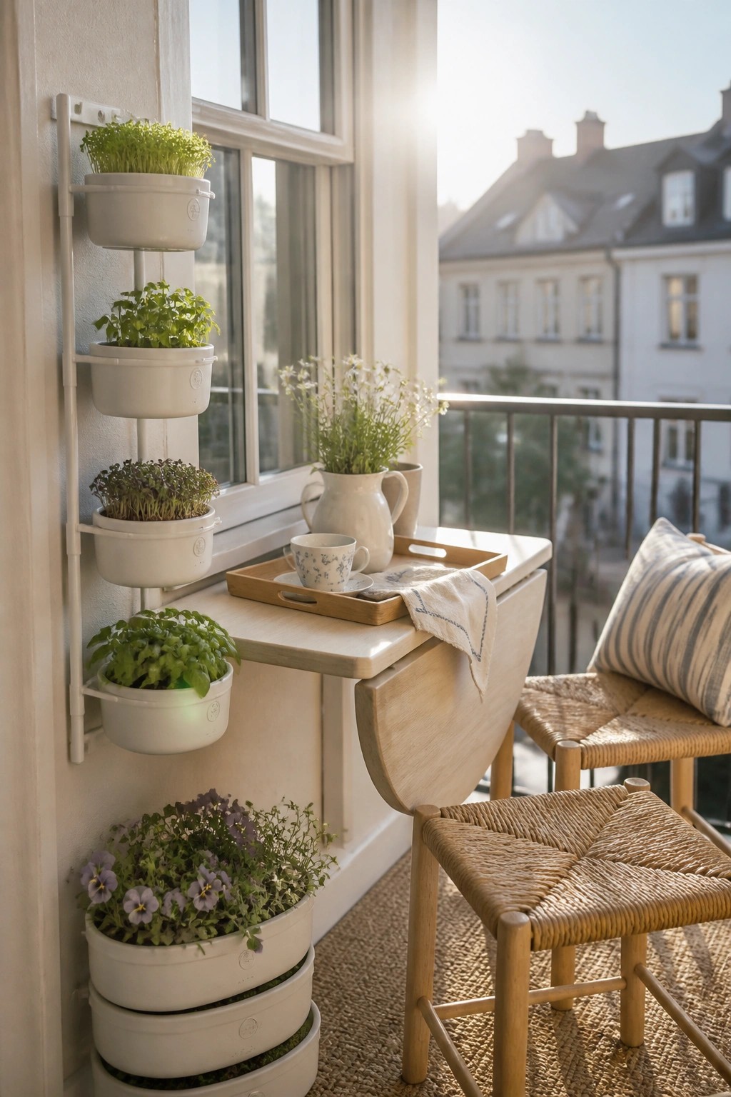 A small balcony with a drop leaf wooden table, woven chairs, and multiple white stacked planters mounted vertically on the wall next to a window.