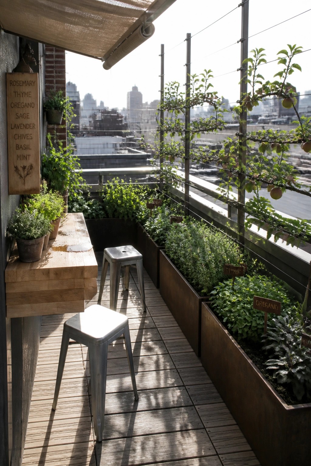 A balcony garden with wooden decking, metal raised planters containing herbs, a wire trellis supporting climbing plants, and a wooden counter with stools overlooking a city skyline.