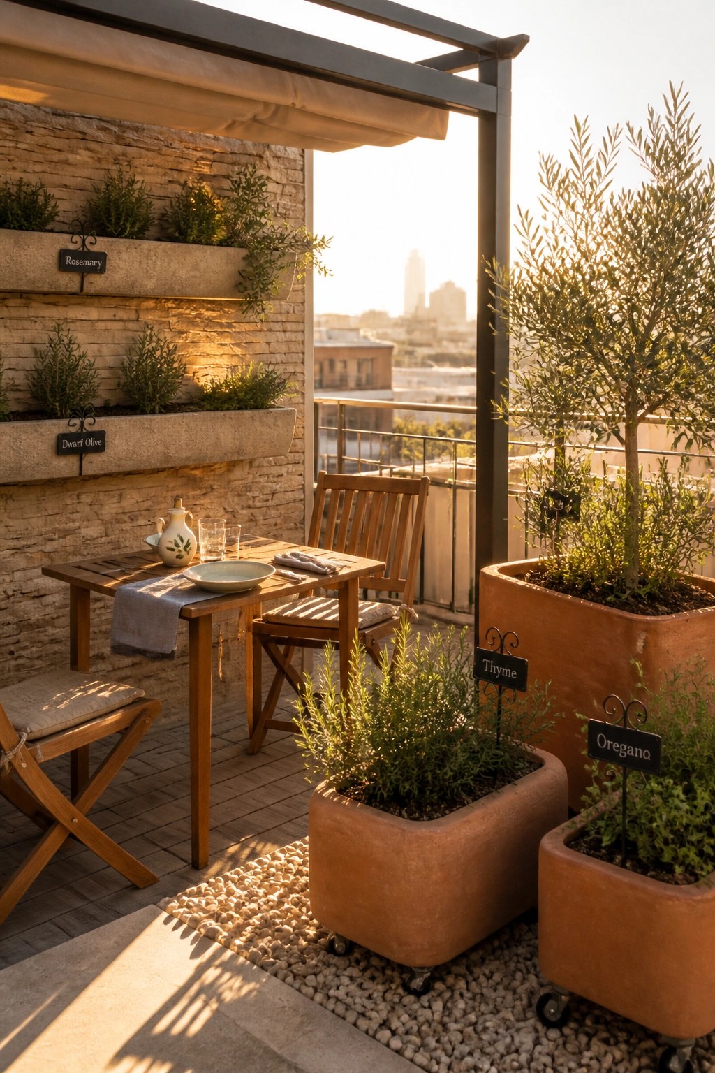 Balcony with wooden table and chairs, stone wall with mounted herb planters, and large terracotta containers on wheels holding plants.