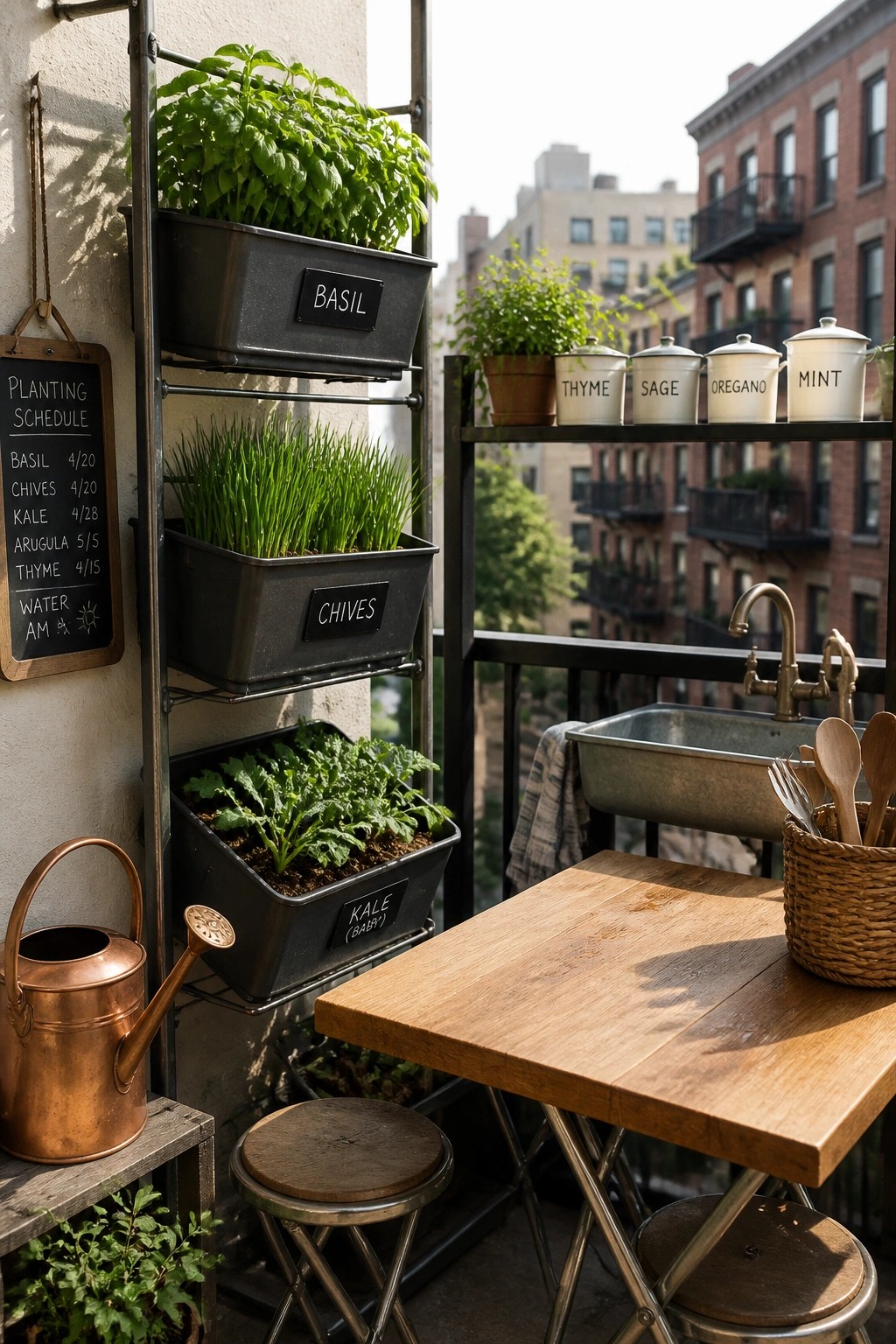 A balcony scene with a tall metal rack holding black labeled planters of basil, chives, and kale next to a wooden table, sink, and copper watering can.