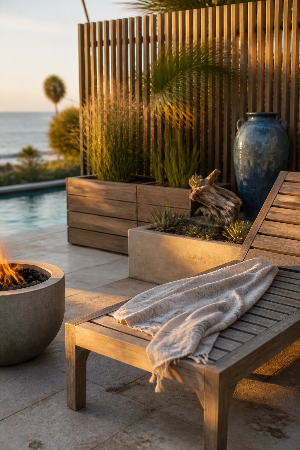 Wooden chaise lounge with blanket beside lit fire pit on poolside patio at dusk.
