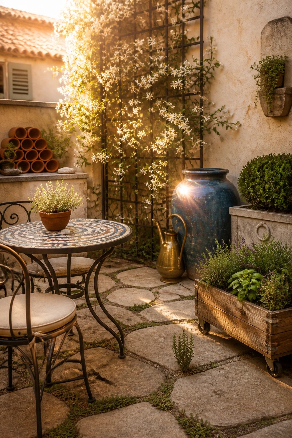 A stone patio with a mosaic table and chairs, a black metal trellis covered in white flowers, a large blue ceramic pot, and a wooden planter box on wheels filled with herbs.