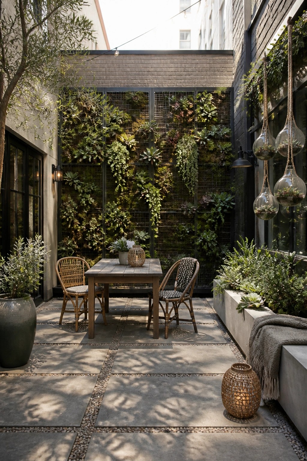 A compact paved courtyard features a tall black grid living wall filled with green plants, a wooden table with two woven chairs, and several hanging glass planters along the right side.