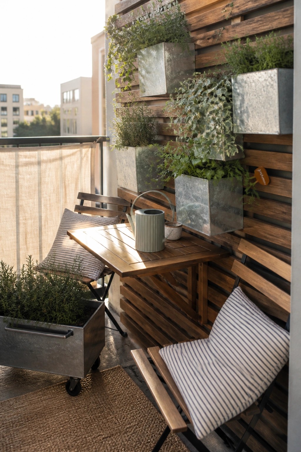A small balcony with a wooden slatted wall holding several mounted metal planters, a wooden table with two chairs, striped cushions, and a wheeled metal planter on the floor.