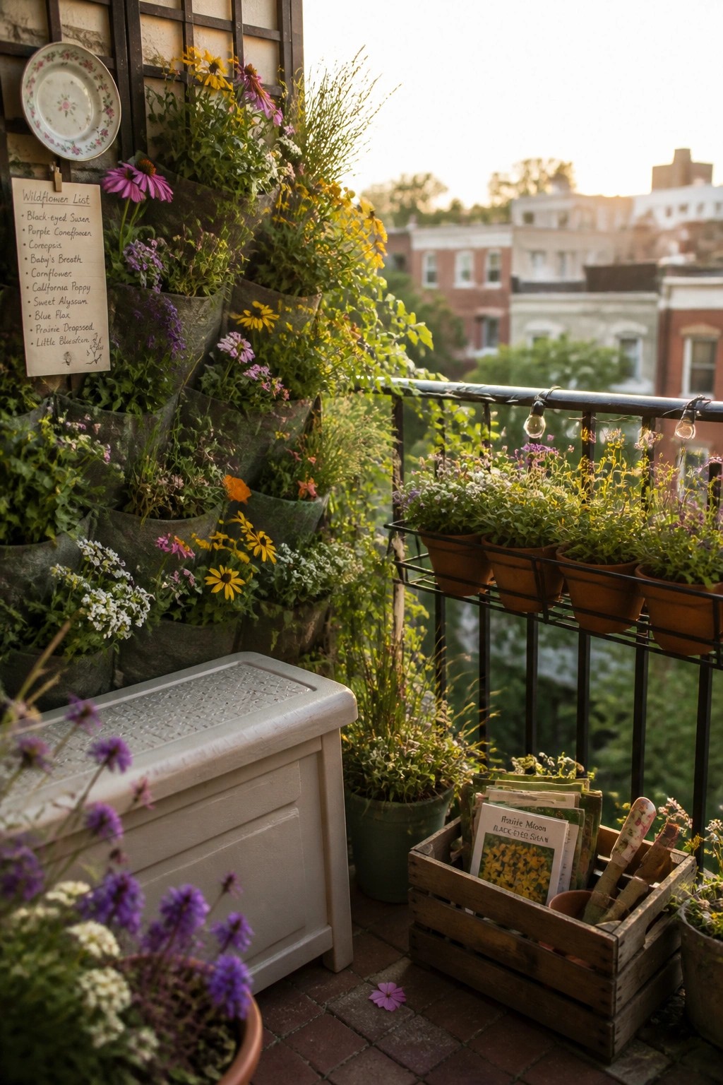 A small balcony features a wall lined with multiple fabric planting pockets filled with colorful wildflowers, alongside potted plants and a wooden crate on the brick floor.