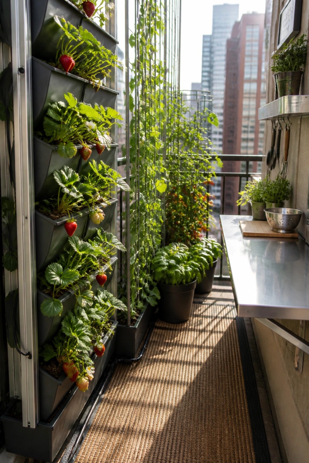 Vertical strawberry garden on sunny balcony with city skyline and metal counter