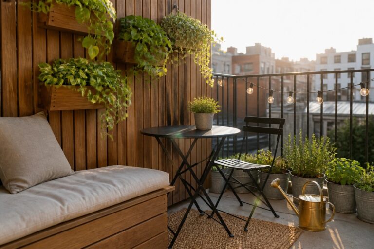 A small urban balcony features a wooden slat wall lined with mounted wooden planters holding trailing green plants, alongside a cushioned bench, round table with chairs, and a watering can on a woven rug.