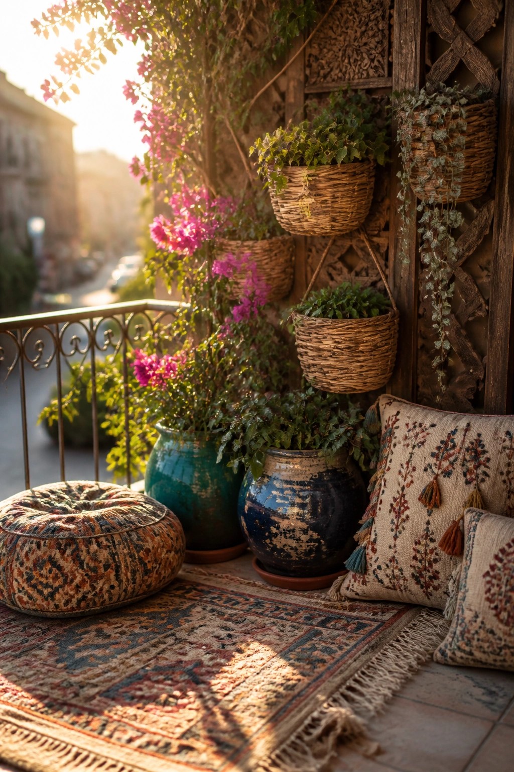 A balcony corner shows multiple hanging wicker baskets with plants mounted at different heights on a carved wooden wall, with ceramic pots, a patterned rug, and cushions below.
