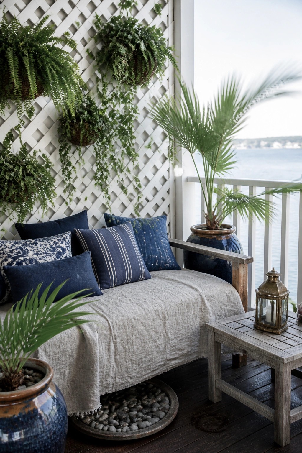 A balcony with a white lattice wall holding multiple hanging ferns and plants above a cushioned bench, next to large ceramic pots and a wooden side table.