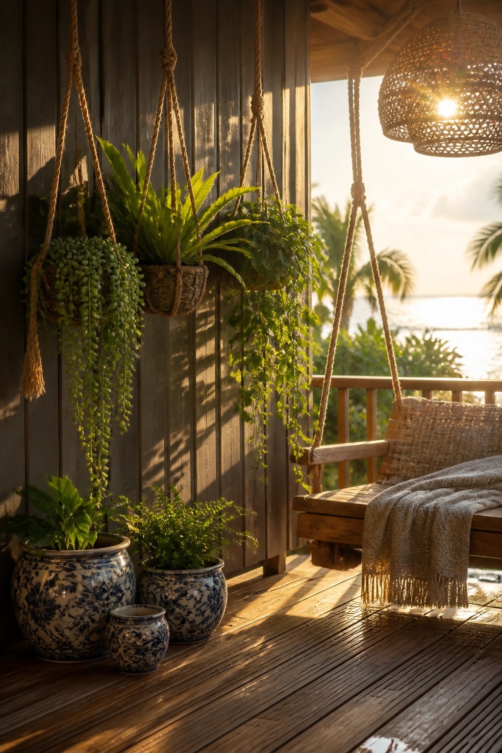 Wooden swing on porch with hanging plants, pots, and ocean sunset view