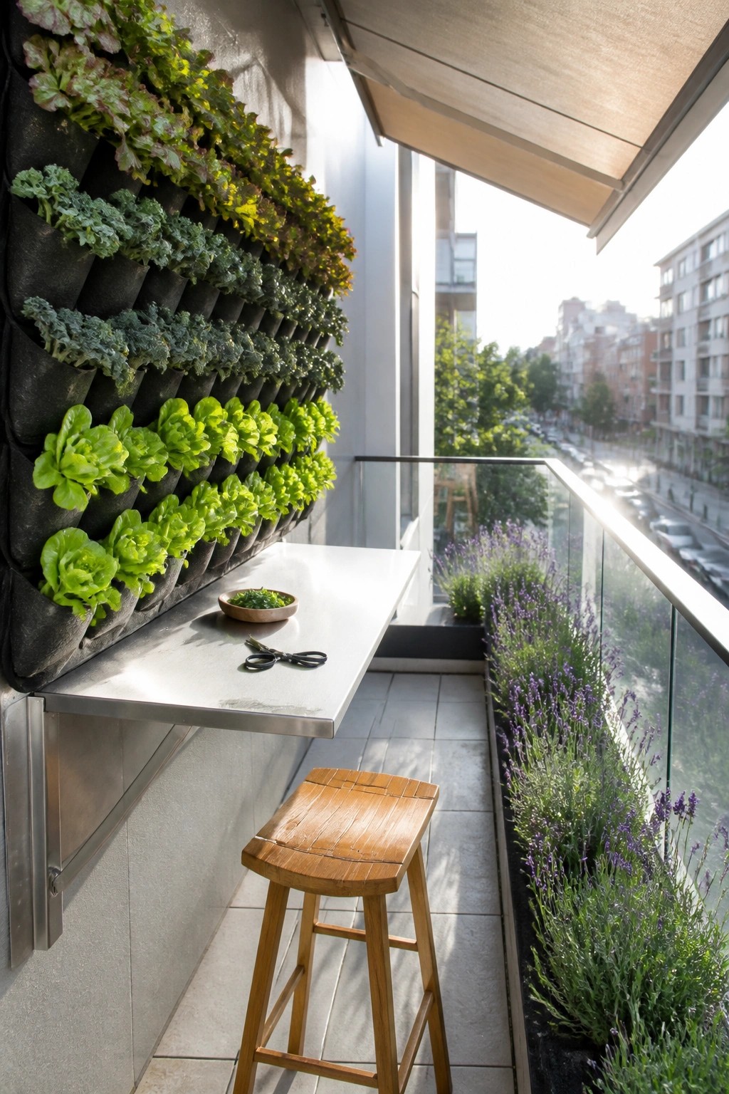 Balcony with vertical garden wall, stainless table, wooden stool, and lavender planters