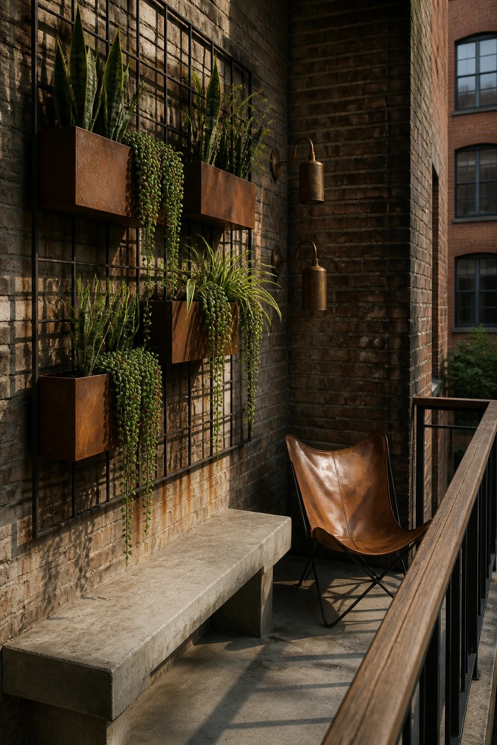 Rustic balcony with brick wall, vertical garden, leather butterfly chair, and concrete bench.
