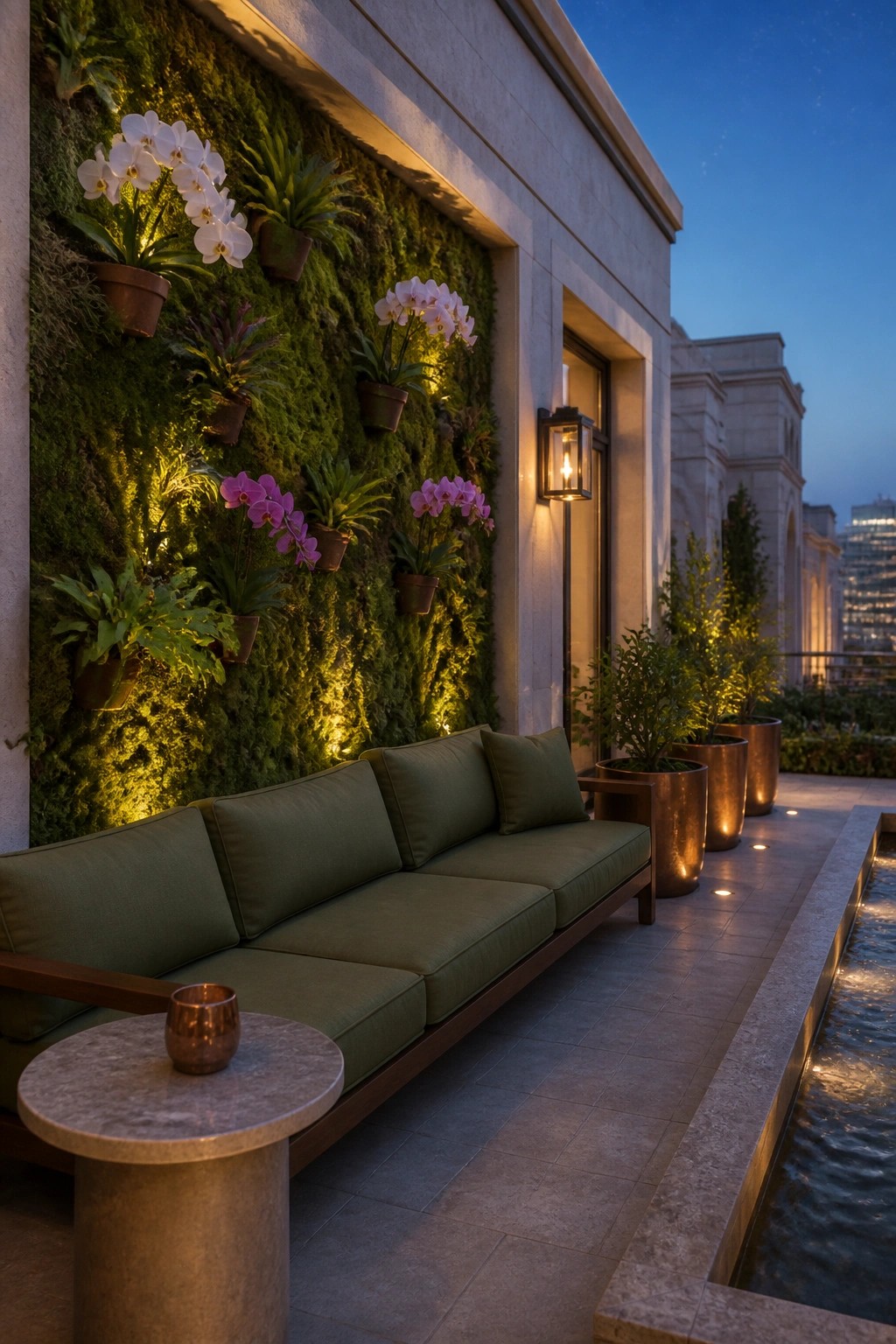 An outdoor terrace at dusk shows a large moss living wall with mounted potted plants, a long green sofa in front of it, and a narrow water feature along the right edge.