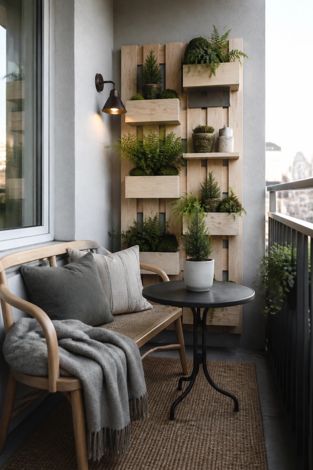 A small balcony has a tall wooden vertical planter structure mounted on the wall with multiple boxes holding green plants, next to a wooden bench with cushions and a round black table on a rug.