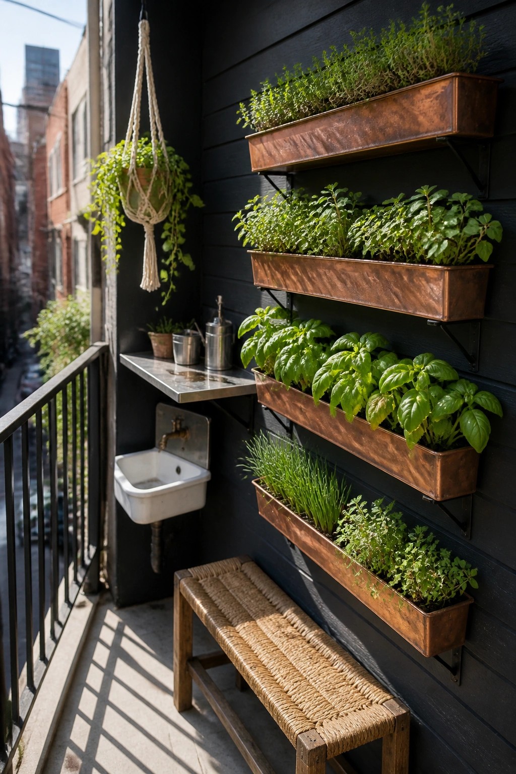 A balcony with several rectangular copper wall planters mounted in rows on a dark wall, filled with green herbs and plants above a woven bench.