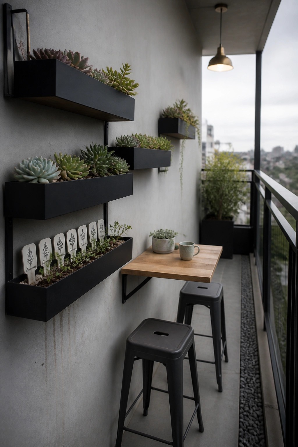 Modern balcony with black succulent planters, wooden table, and two black stools overlooking city.