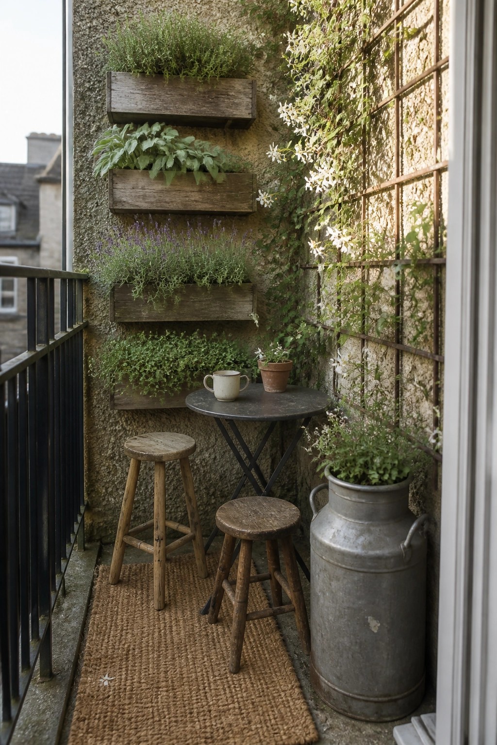 A balcony corner with multiple wooden wall planters mounted at different heights on a stone wall, holding herbs and flowers, beside a small round table and two wooden stools on a woven rug.