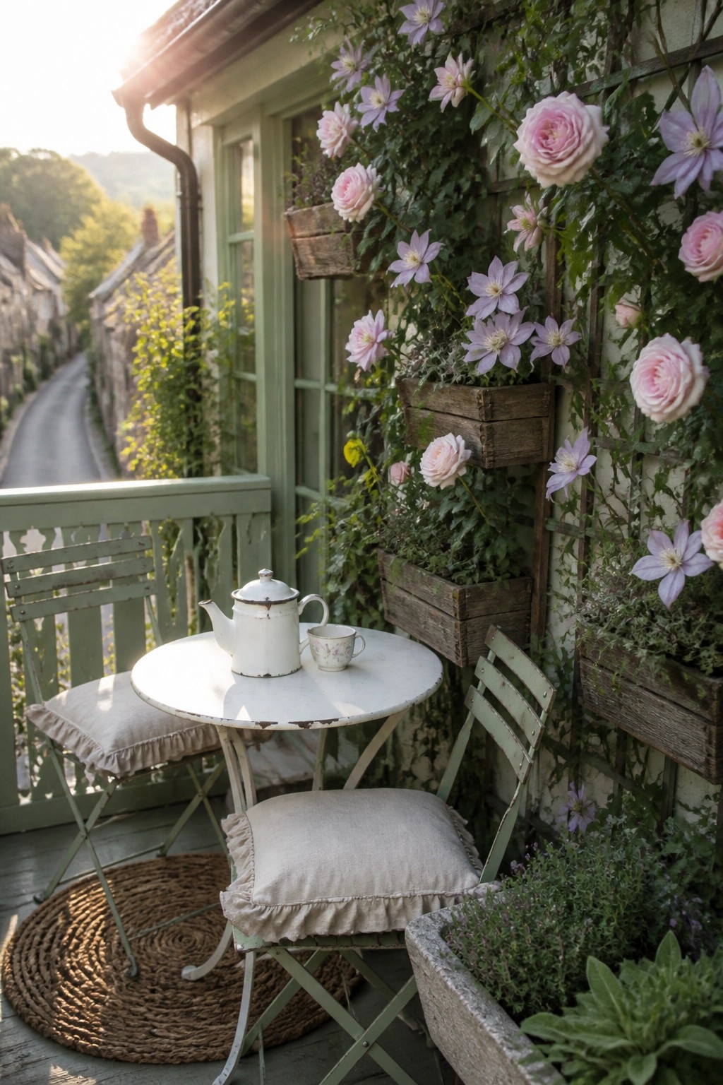 A small balcony with a white round table, two green metal chairs, and wooden wall-mounted planters holding climbing pink roses and purple clematis on a green house wall.