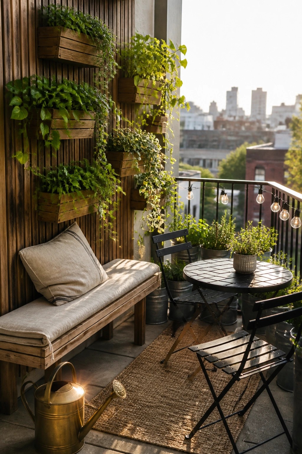 A small urban balcony features a wooden slat wall lined with mounted wooden planters holding trailing green plants, alongside a cushioned bench, round table with chairs, and a watering can on a woven rug.