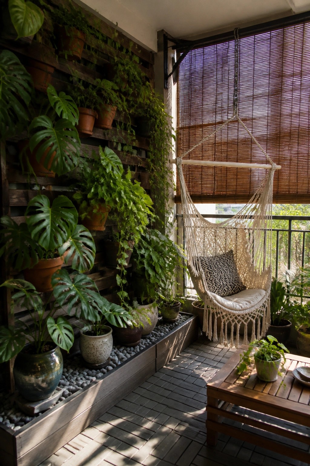 Sunlit balcony with vertical plant wall, hanging chair, wooden table, and blinds.