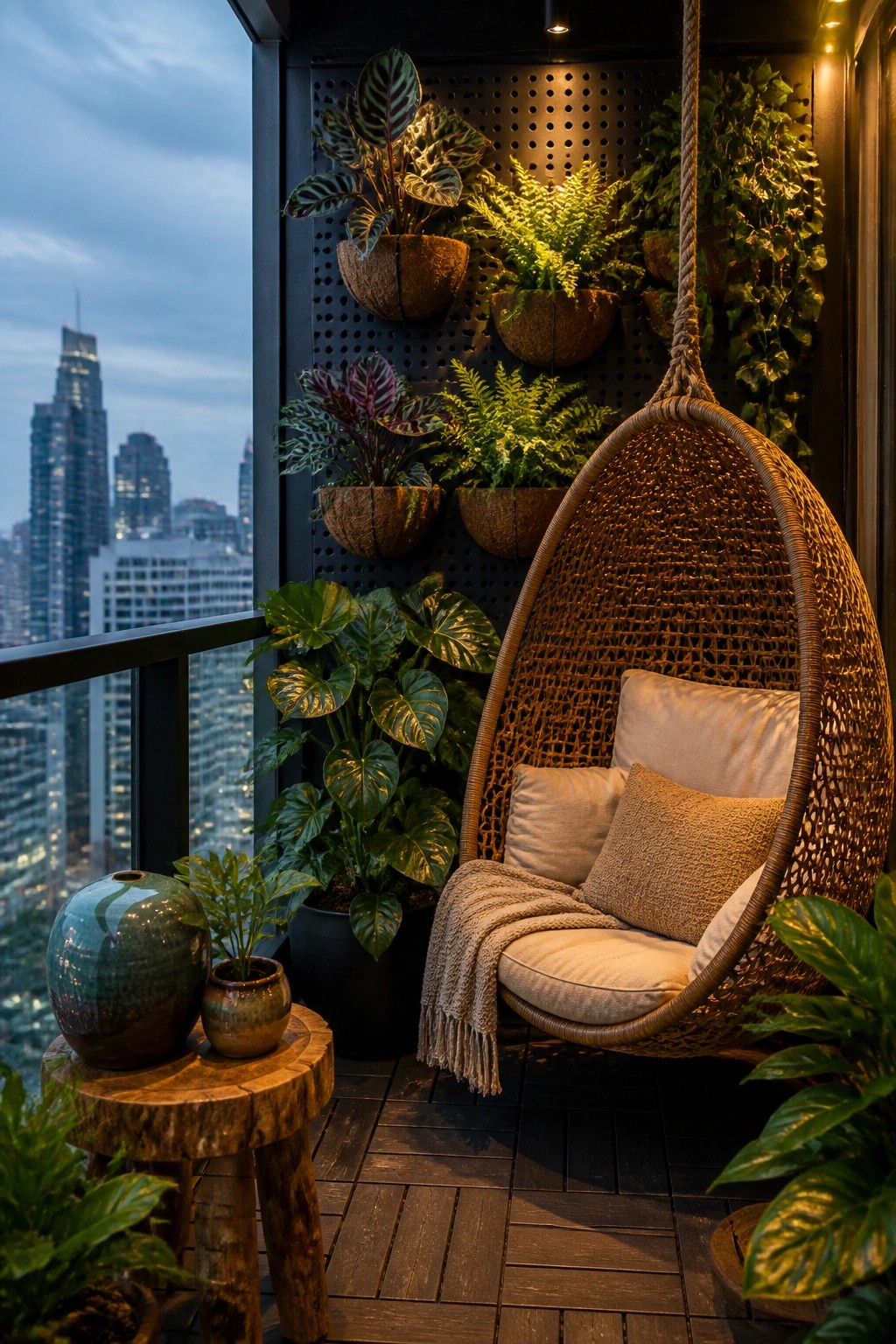 A balcony scene with a hanging wicker chair, multiple potted plants attached to a black perforated wall panel, and a city skyline in the background.