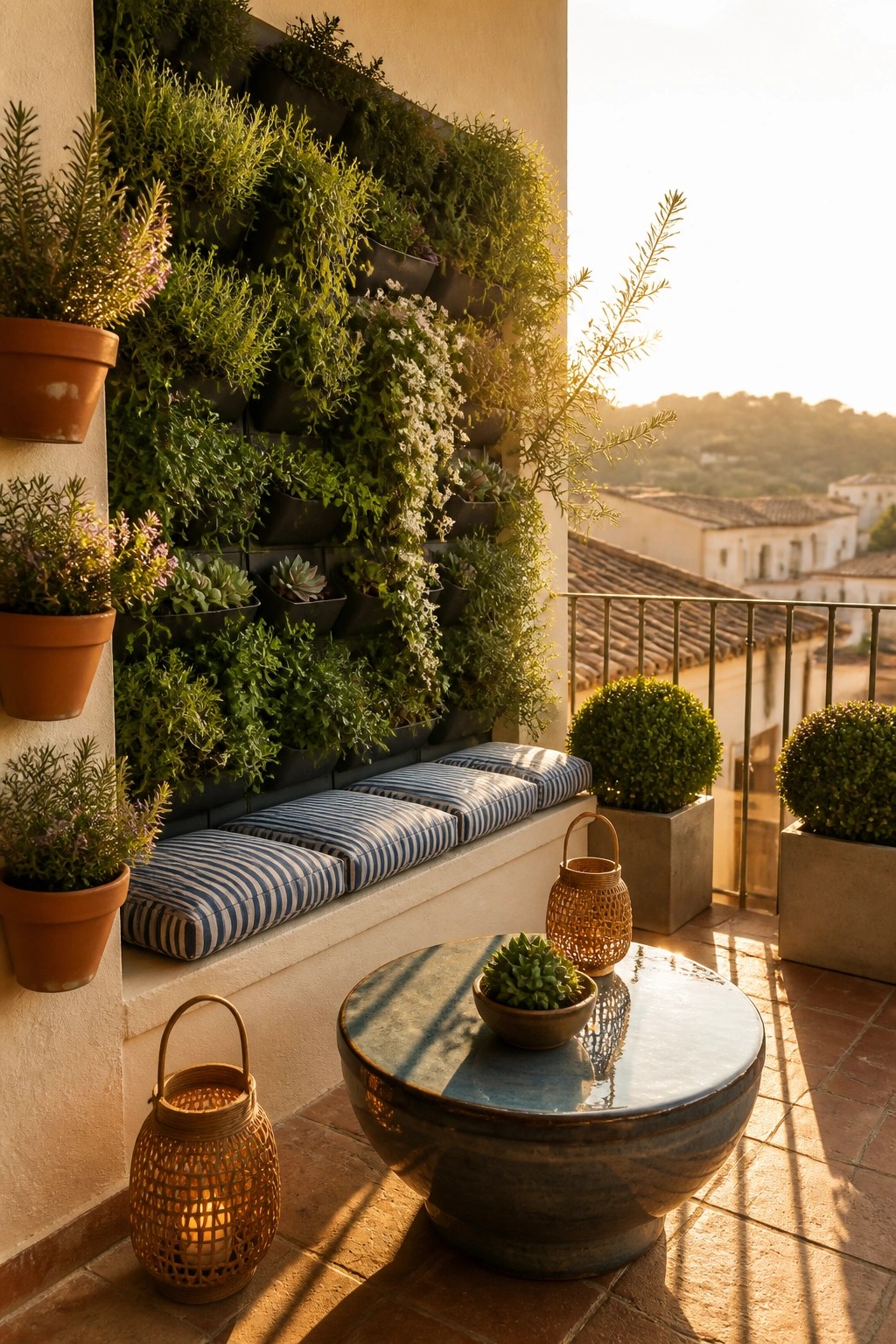 A balcony wall covered in black vertical planters filled with dense green plants and flowers, with a striped cushion bench below and a round table nearby.