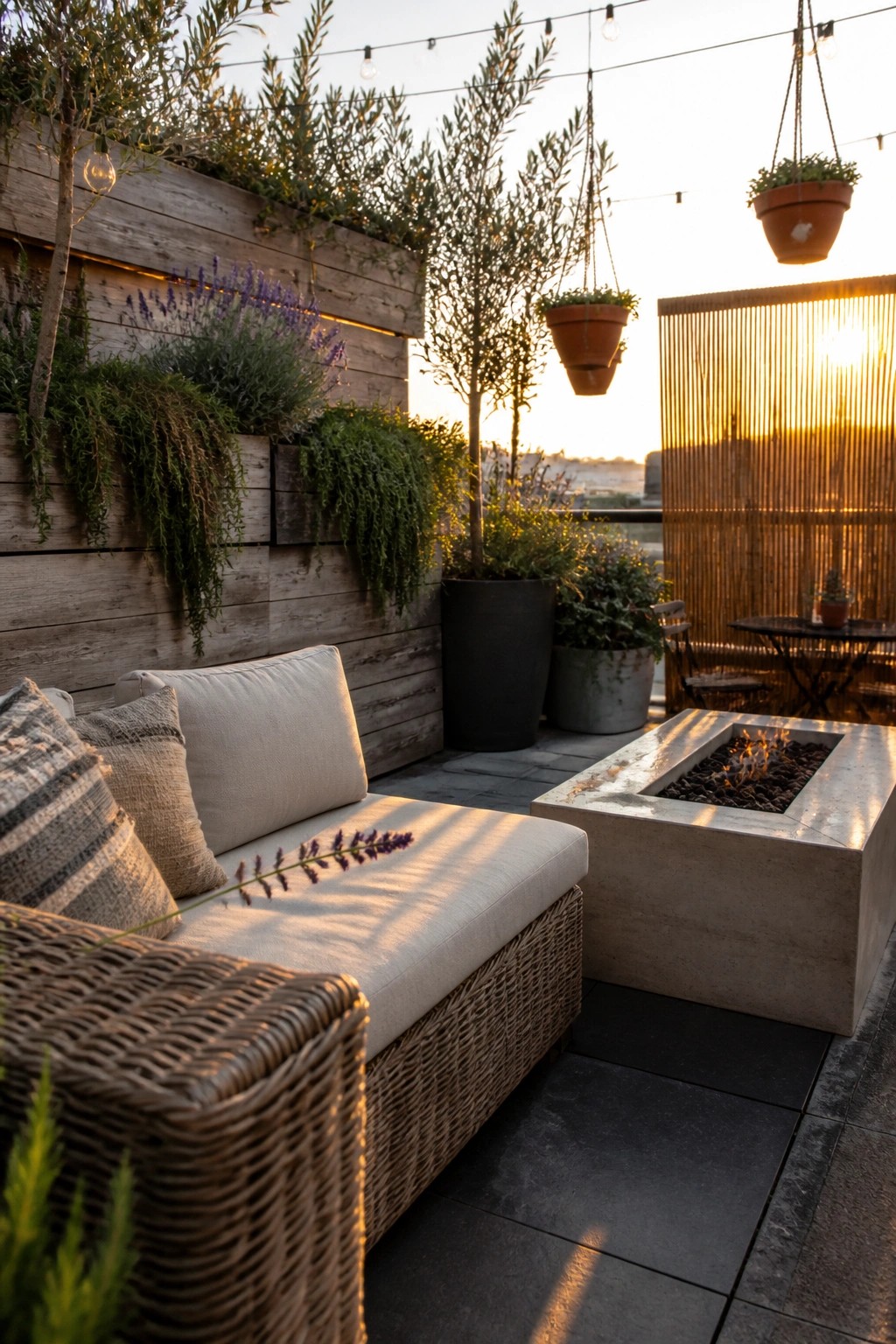A modern balcony features a wooden wall with built-in planters holding cascading greenery, hanging terracotta pots, a wicker sofa, and a concrete fire pit.