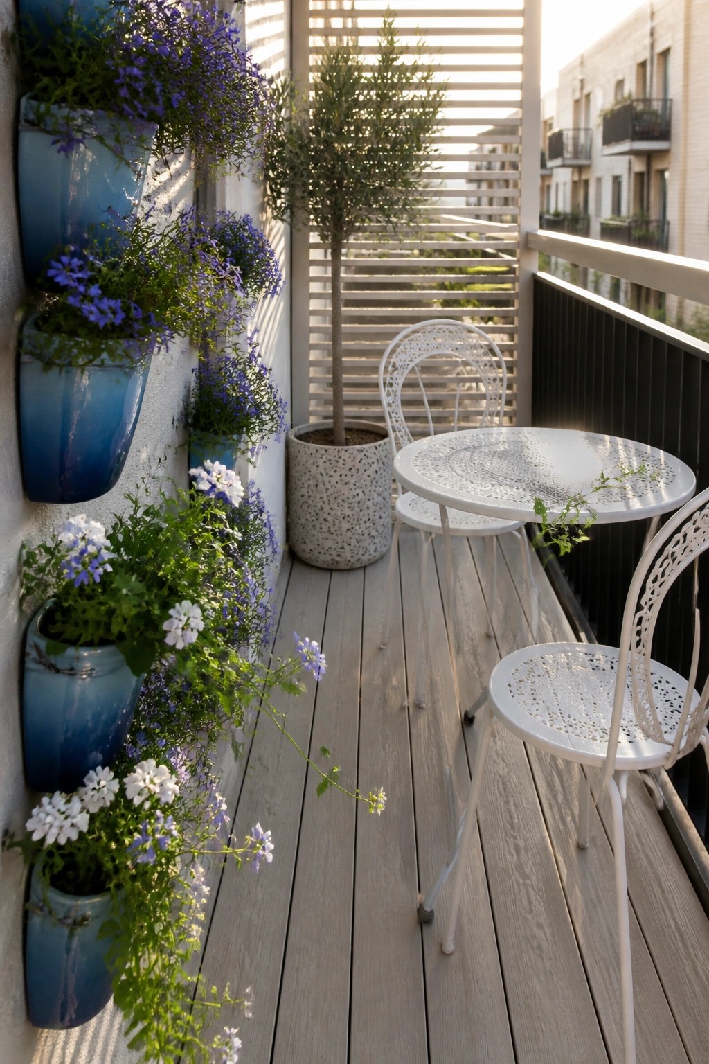 A balcony with light wood flooring, a round white metal table and two chairs, and a wall lined with blue ceramic planters holding purple and white flowers.
